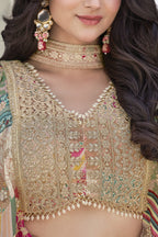 Peach Beige Chinon Silk Lehenga Choli For Indian & Pakistani Wedding Festival - Print Work, Dori Work, Zari Work