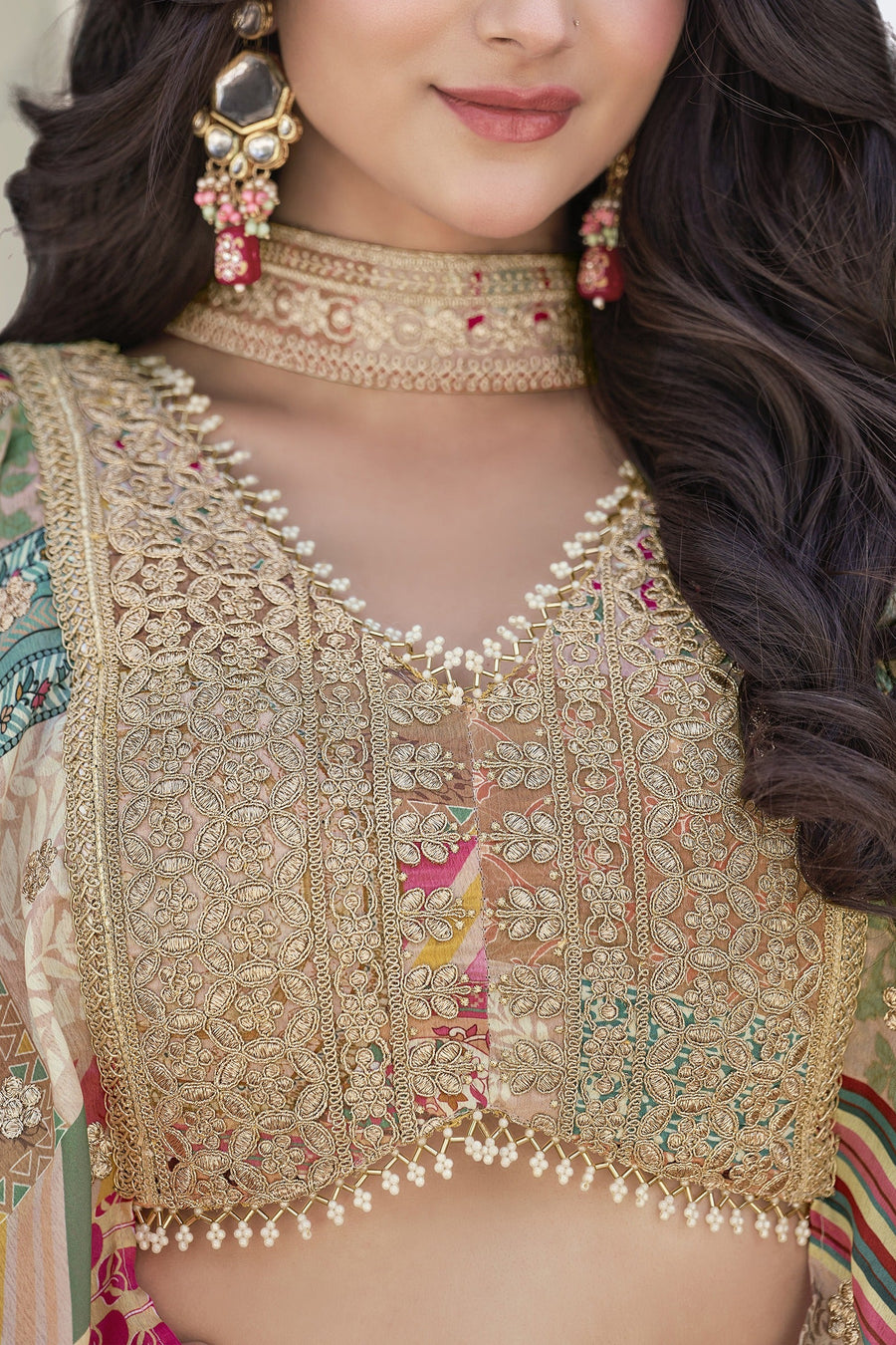 Peach Beige Chinon Silk Lehenga Choli For Indian & Pakistani Wedding Festival - Print Work, Dori Work, Zari Work