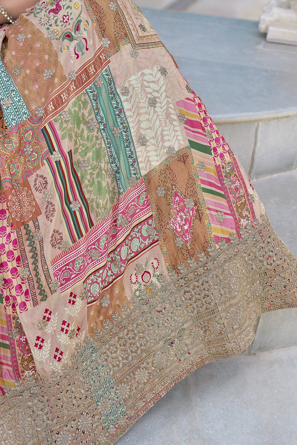 Peach Beige Chinon Silk Lehenga Choli For Indian & Pakistani Wedding Festival - Print Work, Dori Work, Zari Work