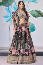 Black Chinon Silk Lehenga Choli For Indian & Pakistani Wedding Festival - Print Work, Dori Work, Zari Work