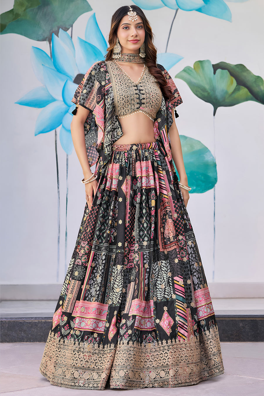 Black Chinon Silk Lehenga Choli For Indian & Pakistani Wedding Festival - Print Work, Dori Work, Zari Work