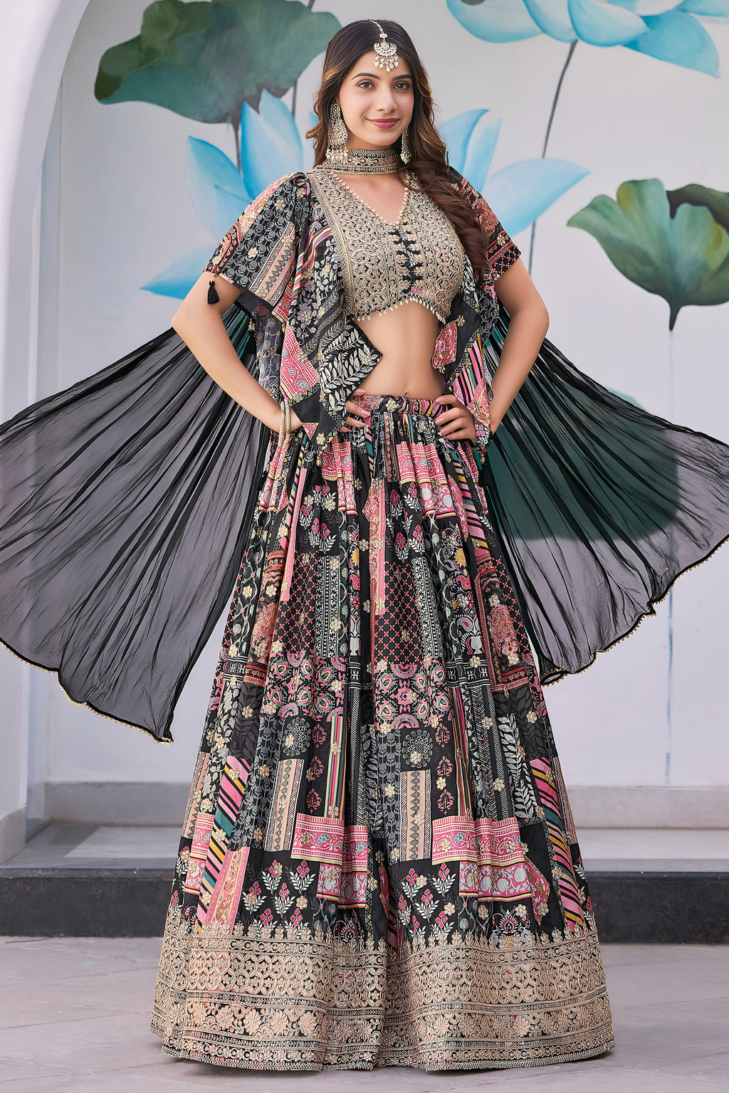 Black Chinon Silk Lehenga Choli For Indian & Pakistani Wedding Festival - Print Work, Dori Work, Zari Work