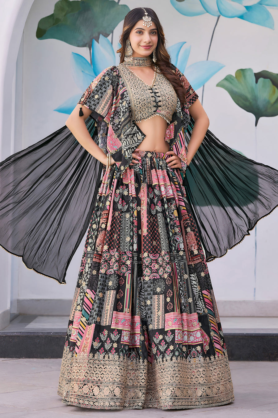 Black Chinon Silk Lehenga Choli For Indian & Pakistani Wedding Festival - Print Work, Dori Work, Zari Work