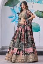 Black Chinon Silk Lehenga Choli For Indian & Pakistani Wedding Festival - Print Work, Dori Work, Zari Work