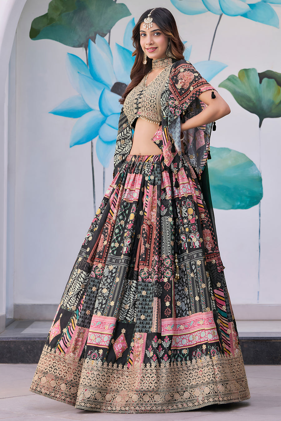 Black Chinon Silk Lehenga Choli For Indian & Pakistani Wedding Festival - Print Work, Dori Work, Zari Work