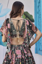 Black Chinon Silk Lehenga Choli For Indian & Pakistani Wedding Festival - Print Work, Dori Work, Zari Work