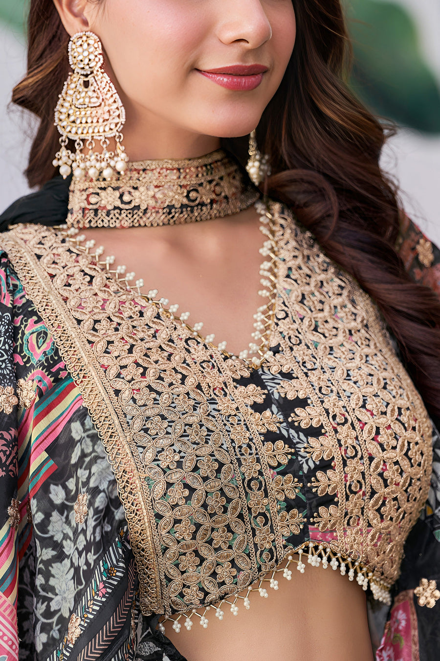 Black Chinon Silk Lehenga Choli For Indian & Pakistani Wedding Festival - Print Work, Dori Work, Zari Work