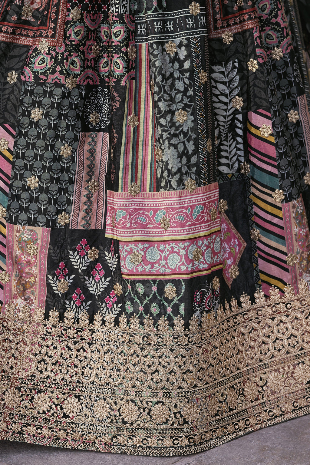 Black Chinon Silk Lehenga Choli For Indian & Pakistani Wedding Festival - Print Work, Dori Work, Zari Work