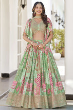 Green Chinon Silk Lehenga Choli For Indian & Pakistani Wedding Festival - Print Work, Dori Work, Zari Work