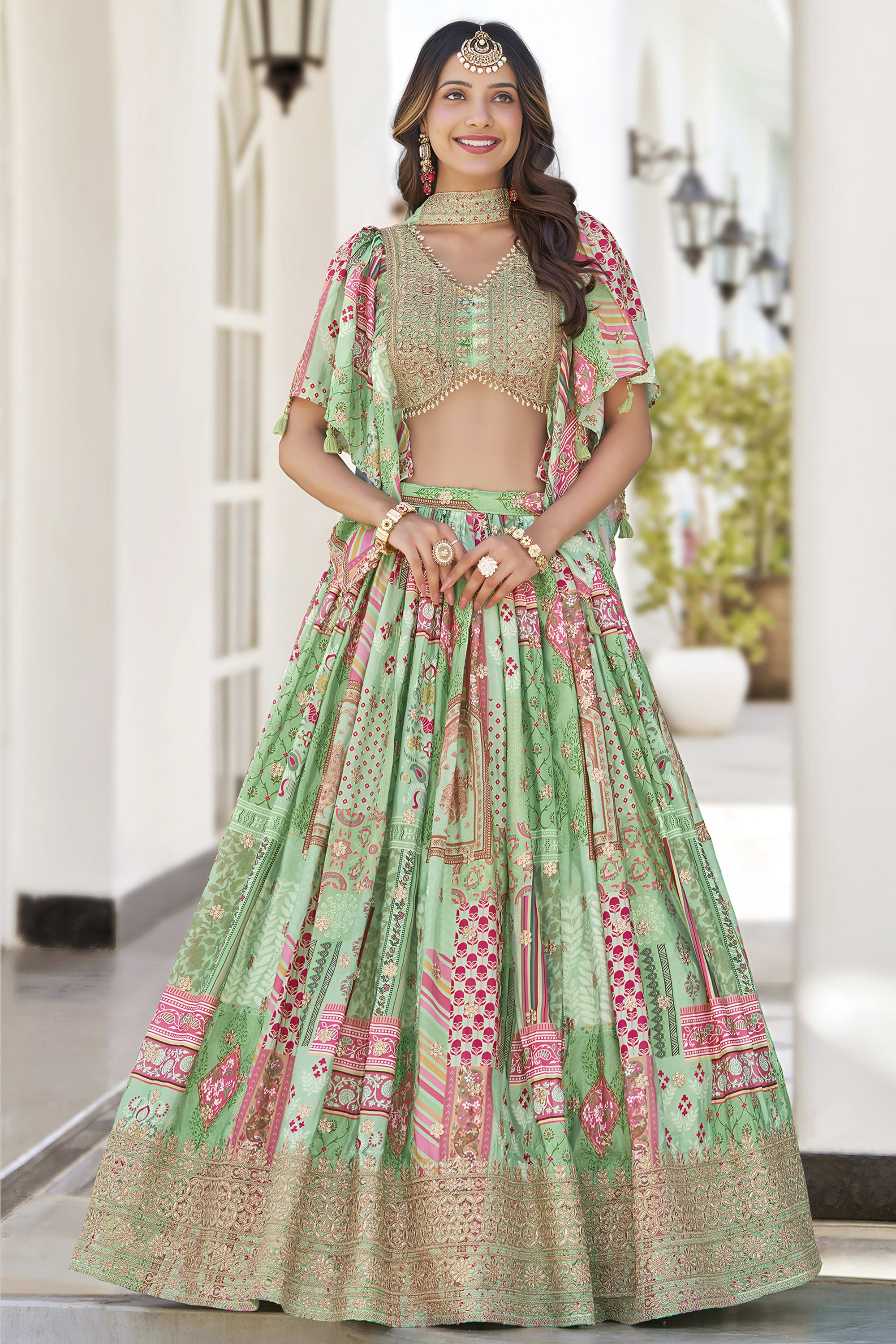 Green Chinon Silk Lehenga Choli For Indian & Pakistani Wedding Festival - Print Work, Dori Work, Zari Work