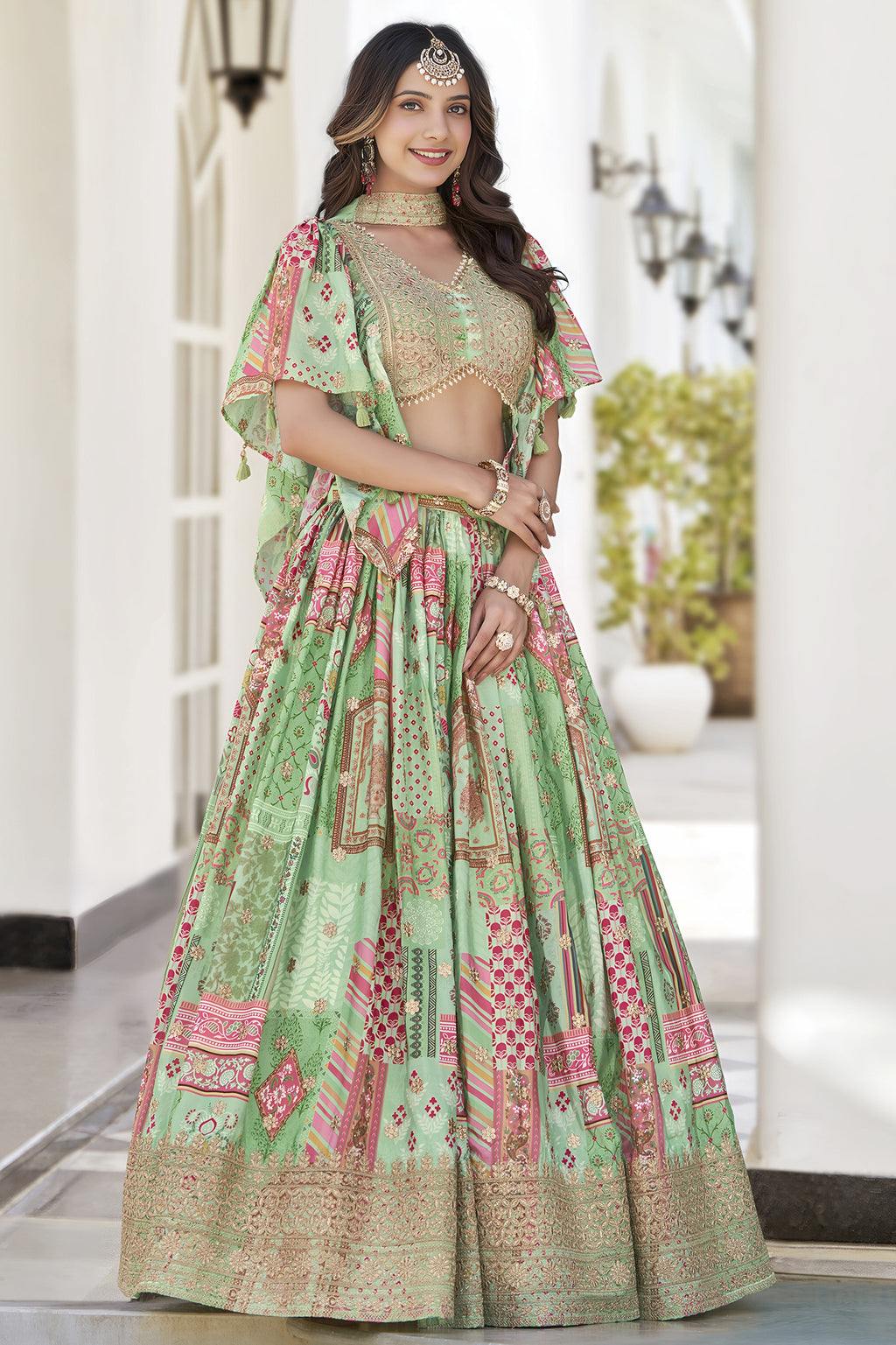 Green Chinon Silk Lehenga Choli For Indian & Pakistani Wedding Festival - Print Work, Dori Work, Zari Work