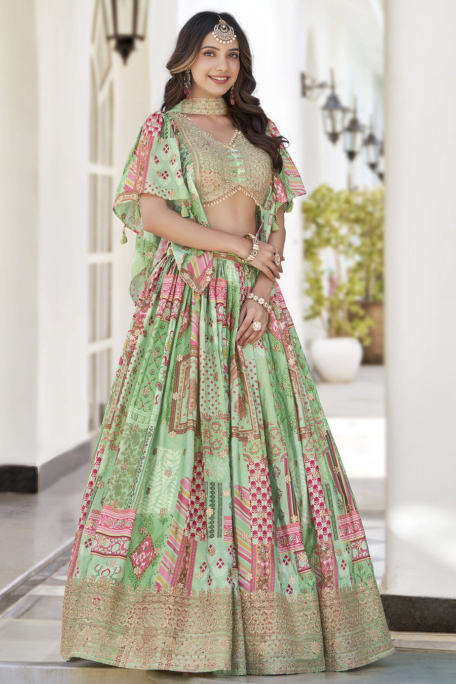 Green Chinon Silk Lehenga Choli For Indian & Pakistani Wedding Festival - Print Work, Dori Work, Zari Work