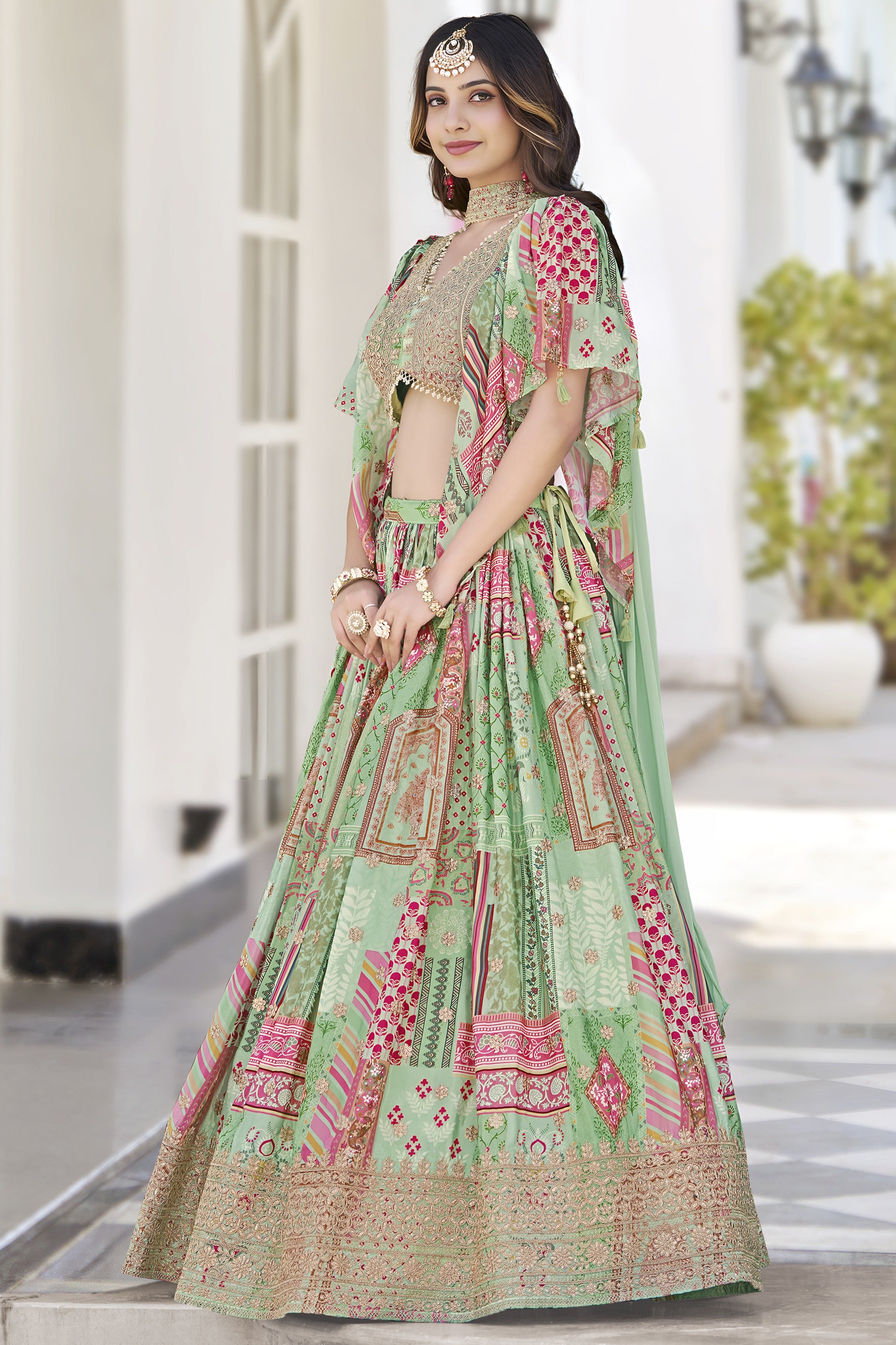 Green Chinon Silk Lehenga Choli For Indian & Pakistani Wedding Festival - Print Work, Dori Work, Zari Work