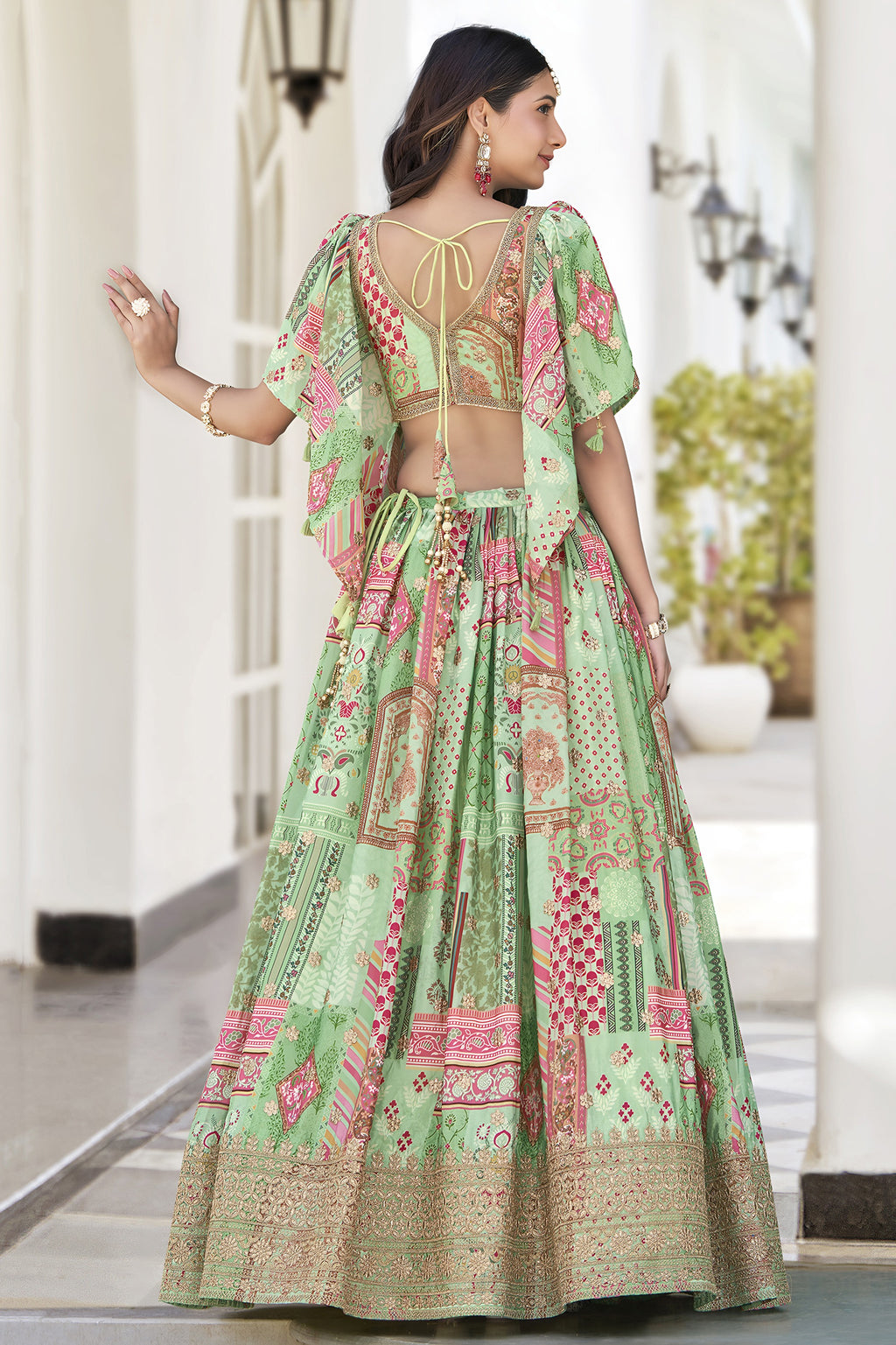 Green Chinon Silk Lehenga Choli For Indian & Pakistani Wedding Festival - Print Work, Dori Work, Zari Work