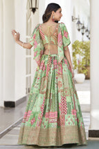 Green Chinon Silk Lehenga Choli For Indian & Pakistani Wedding Festival - Print Work, Dori Work, Zari Work
