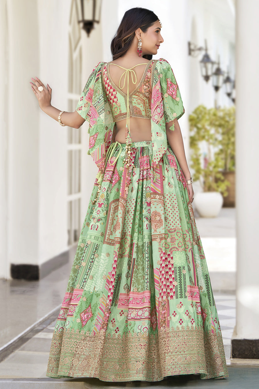 Green Chinon Silk Lehenga Choli For Indian & Pakistani Wedding Festival - Print Work, Dori Work, Zari Work