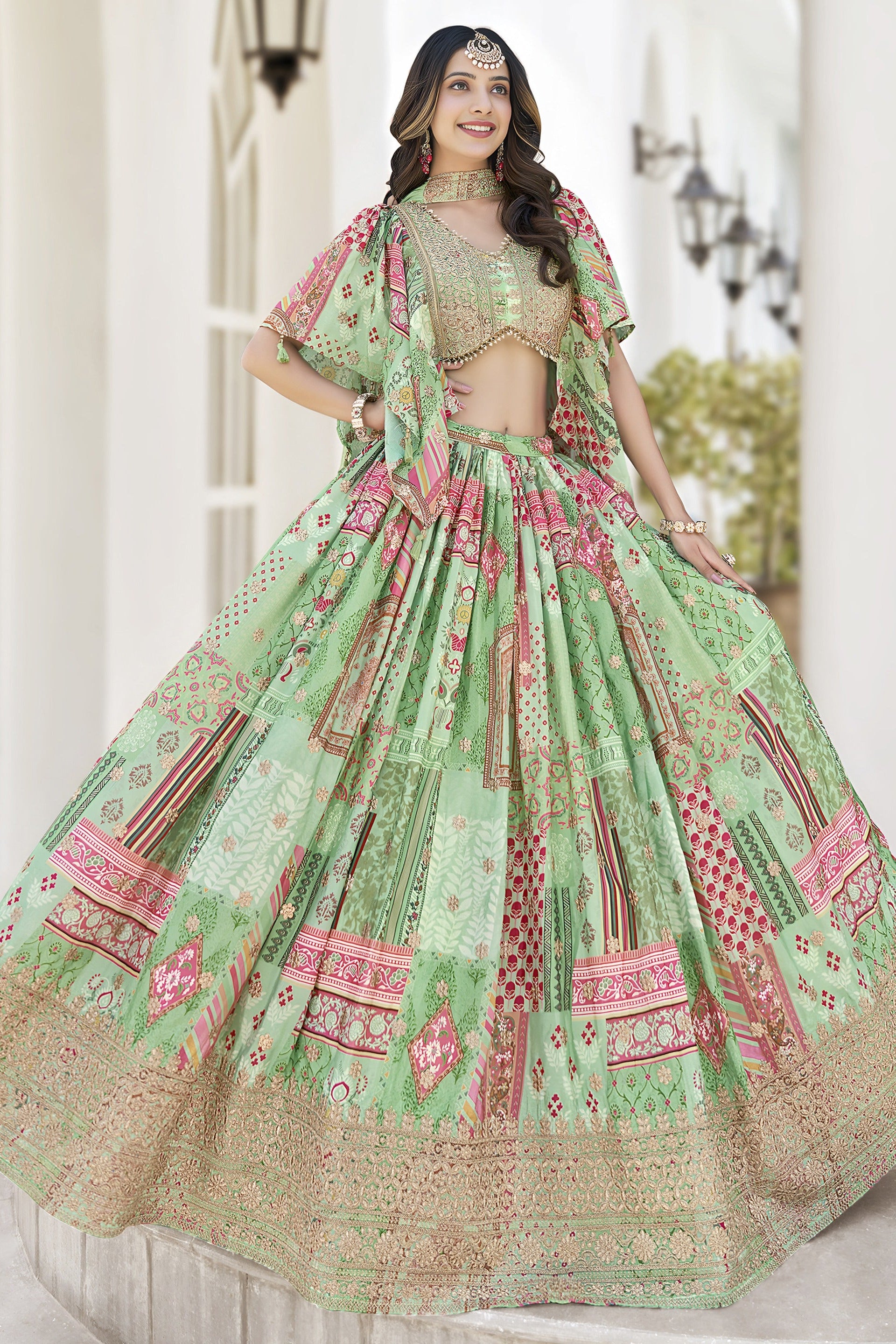Green Chinon Silk Lehenga Choli For Indian & Pakistani Wedding Festival - Print Work, Dori Work, Zari Work