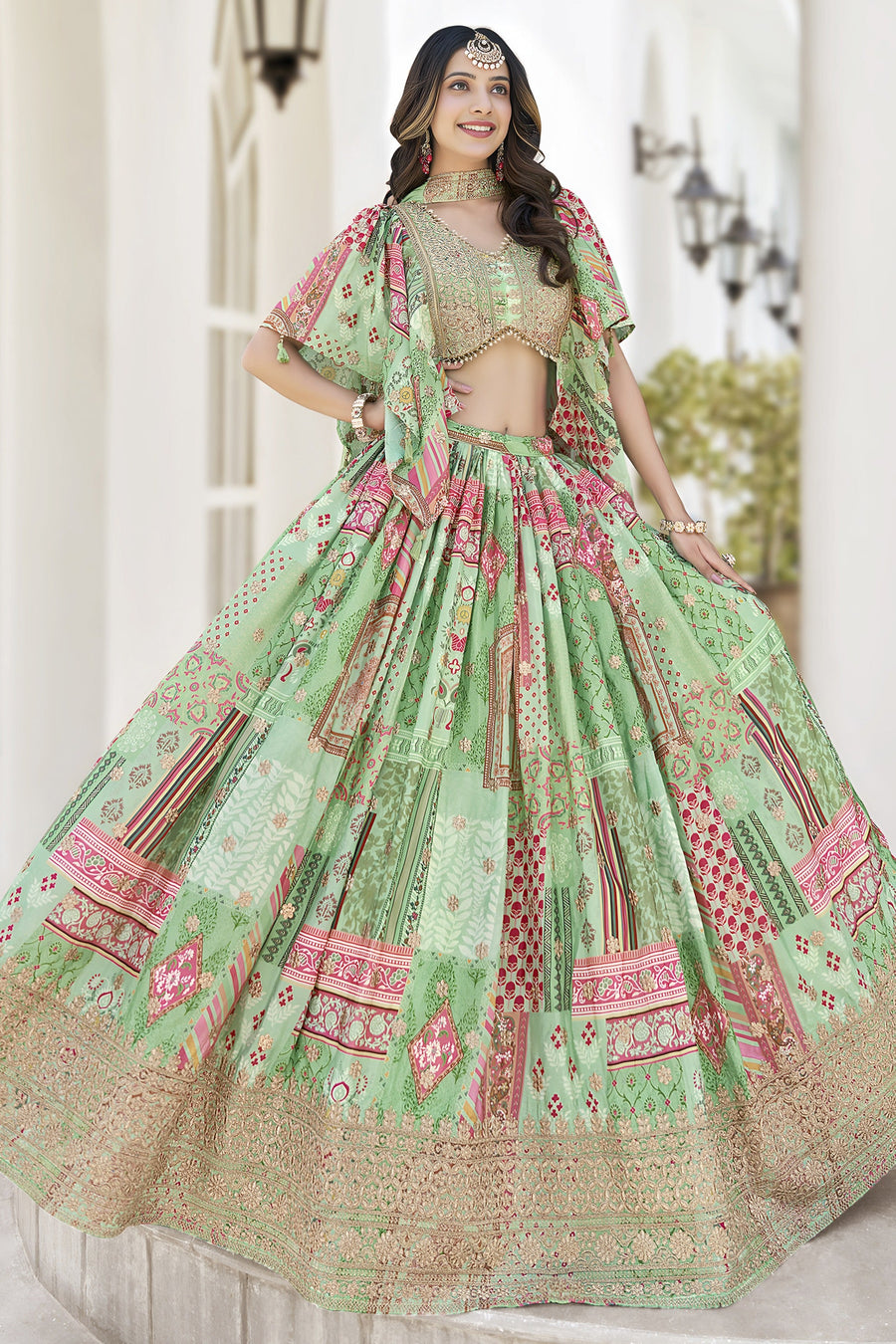 Green Chinon Silk Lehenga Choli For Indian & Pakistani Wedding Festival - Print Work, Dori Work, Zari Work