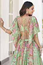 Green Chinon Silk Lehenga Choli For Indian & Pakistani Wedding Festival - Print Work, Dori Work, Zari Work