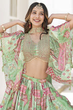 Green Chinon Silk Lehenga Choli For Indian & Pakistani Wedding Festival - Print Work, Dori Work, Zari Work