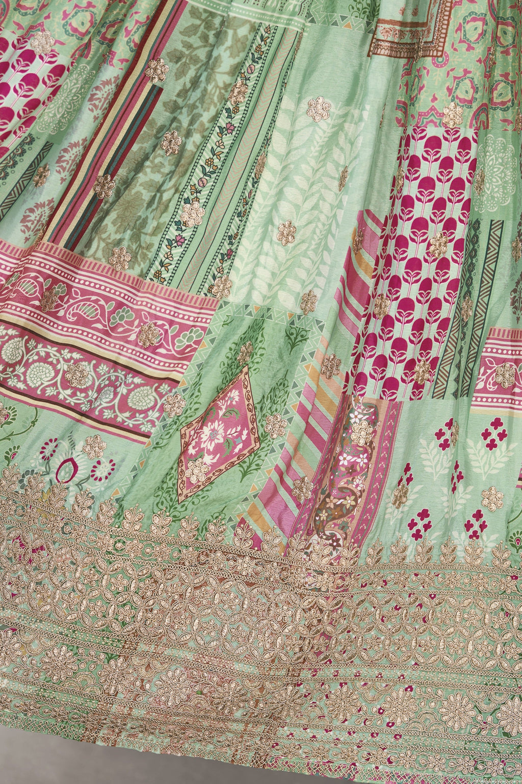 Green Chinon Silk Lehenga Choli For Indian & Pakistani Wedding Festival - Print Work, Dori Work, Zari Work