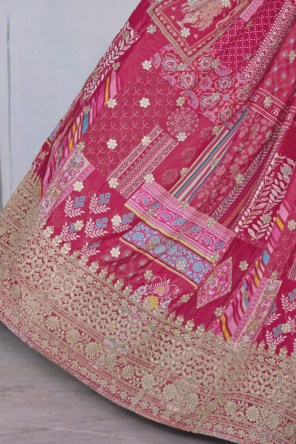 Pink Chinon Silk Lehenga Choli For Indian & Pakistani Wedding Festival - Print Work, Dori Work, Zari Work