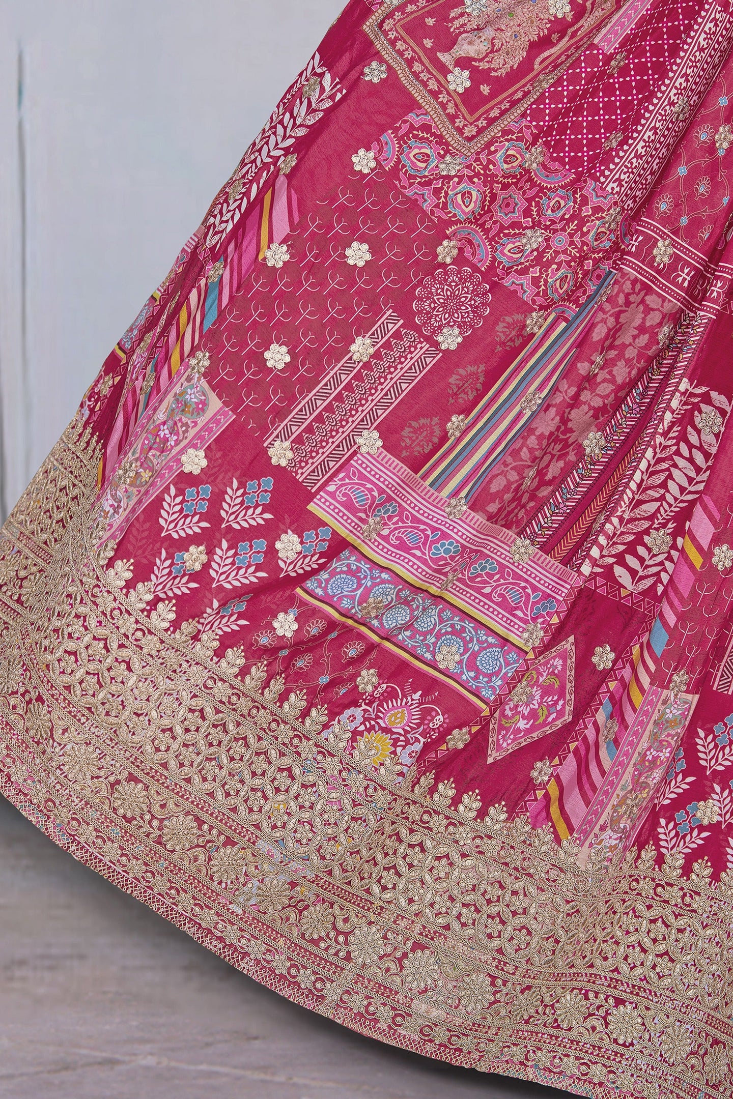 Pink Chinon Silk Lehenga Choli For Indian & Pakistani Wedding Festival - Print Work, Dori Work, Zari Work