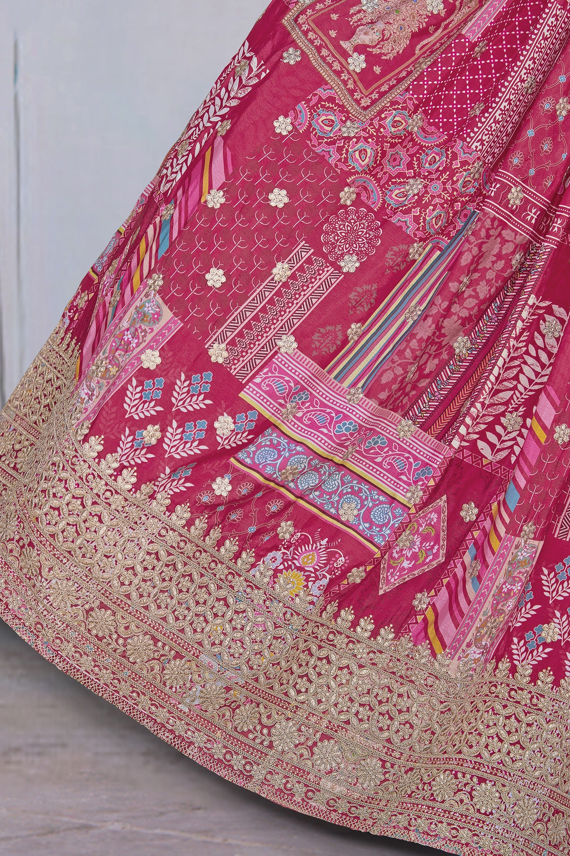Pink Chinon Silk Lehenga Choli For Indian & Pakistani Wedding Festival - Print Work, Dori Work, Zari Work
