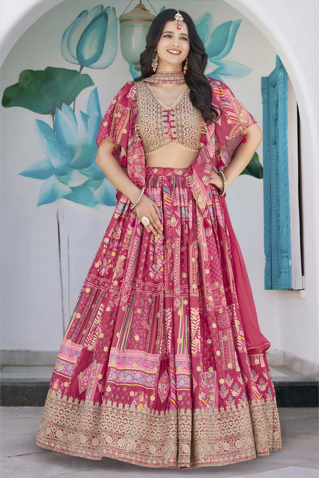 Pink Chinon Silk Lehenga Choli For Indian & Pakistani Wedding Festival - Print Work, Dori Work, Zari Work
