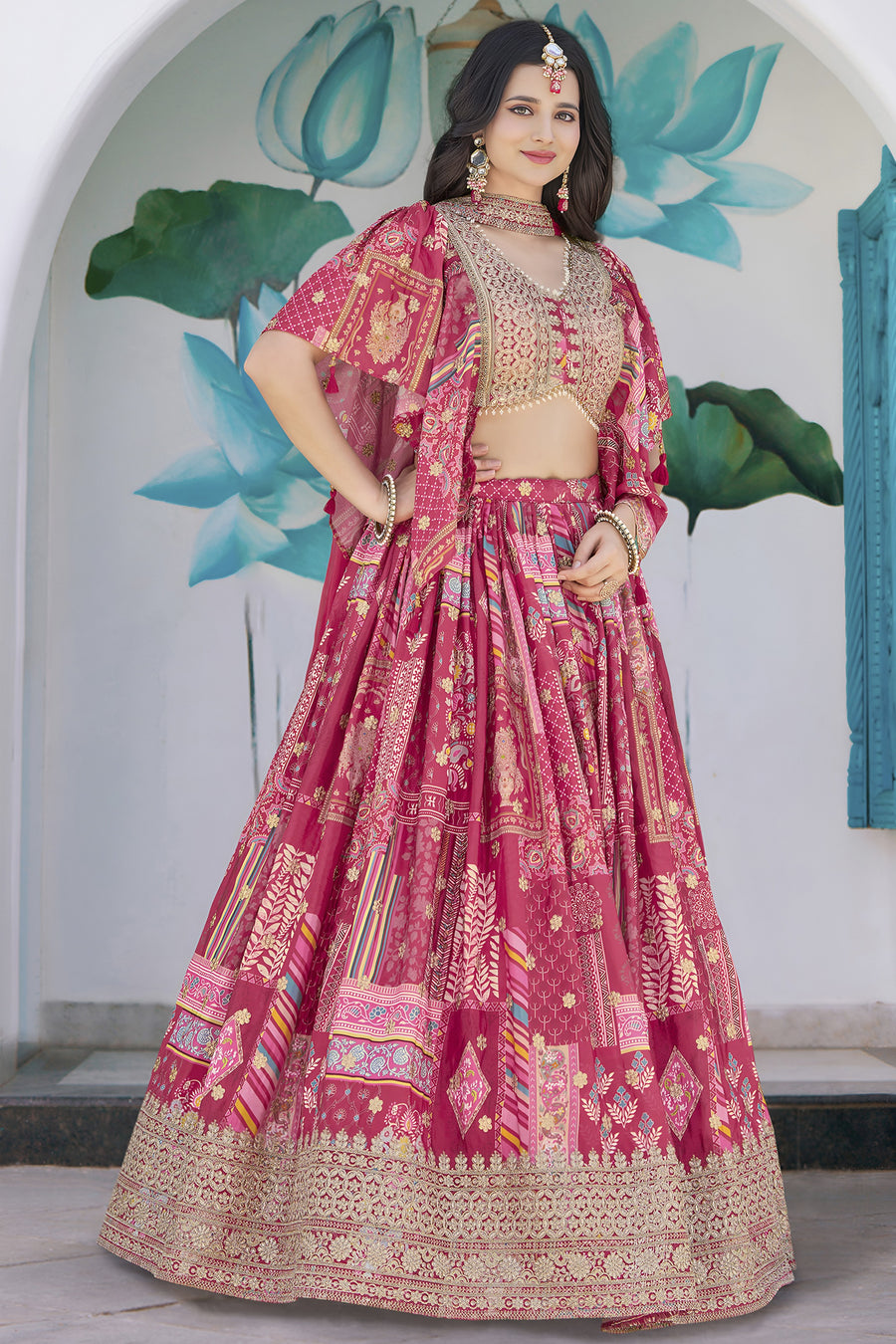 Pink Chinon Silk Lehenga Choli For Indian & Pakistani Wedding Festival - Print Work, Dori Work, Zari Work