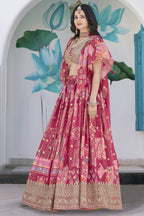 Pink Chinon Silk Lehenga Choli For Indian & Pakistani Wedding Festival - Print Work, Dori Work, Zari Work