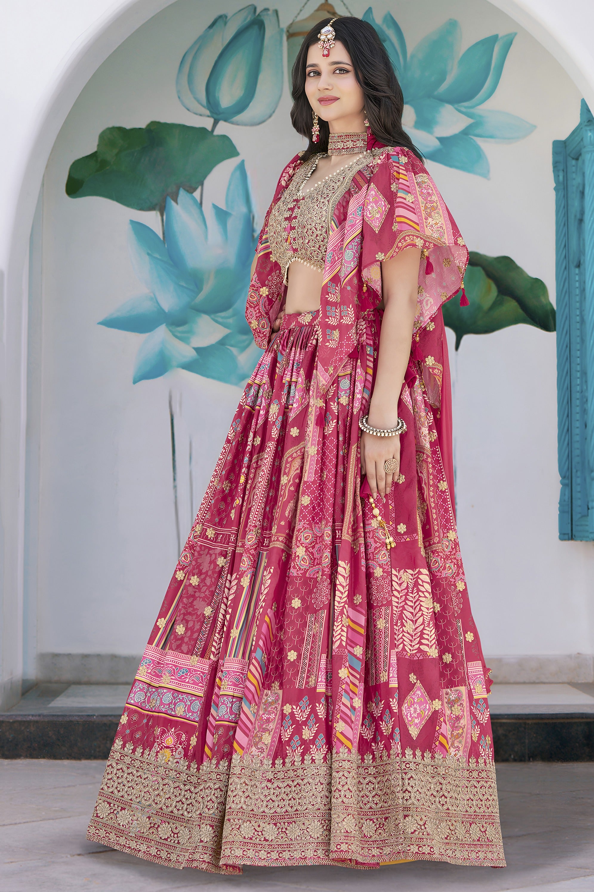 Pink Chinon Silk Lehenga Choli For Indian & Pakistani Wedding Festival - Print Work, Dori Work, Zari Work