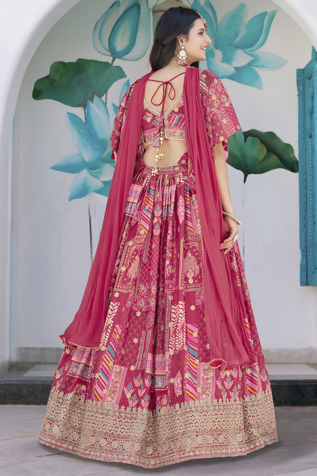 Pink Chinon Silk Lehenga Choli For Indian & Pakistani Wedding Festival - Print Work, Dori Work, Zari Work