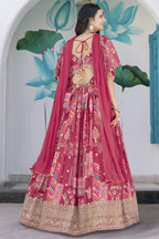 Pink Chinon Silk Lehenga Choli For Indian & Pakistani Wedding Festival - Print Work, Dori Work, Zari Work