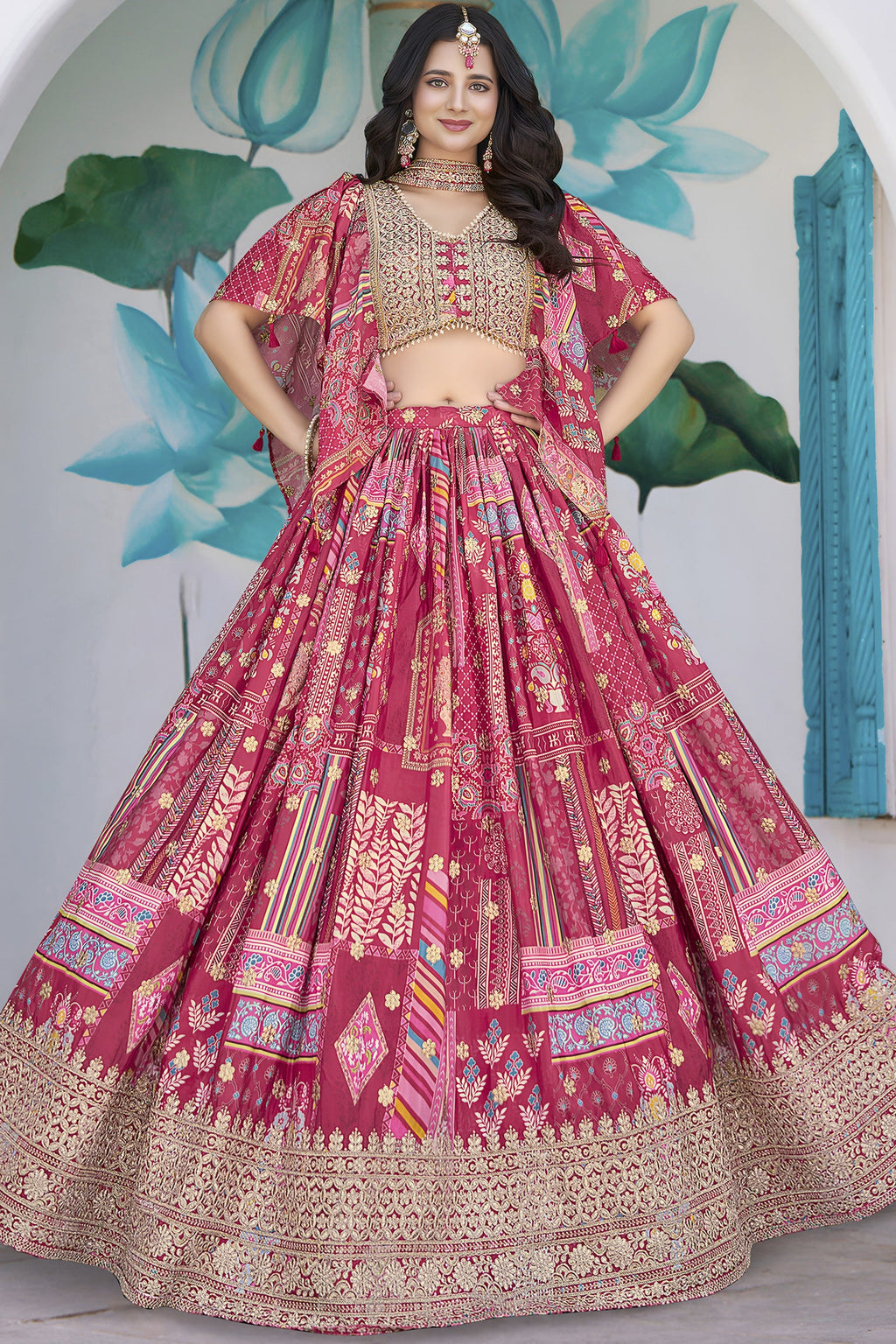 Pink Chinon Silk Lehenga Choli For Indian & Pakistani Wedding Festival - Print Work, Dori Work, Zari Work