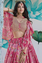 Pink Chinon Silk Lehenga Choli For Indian & Pakistani Wedding Festival - Print Work, Dori Work, Zari Work