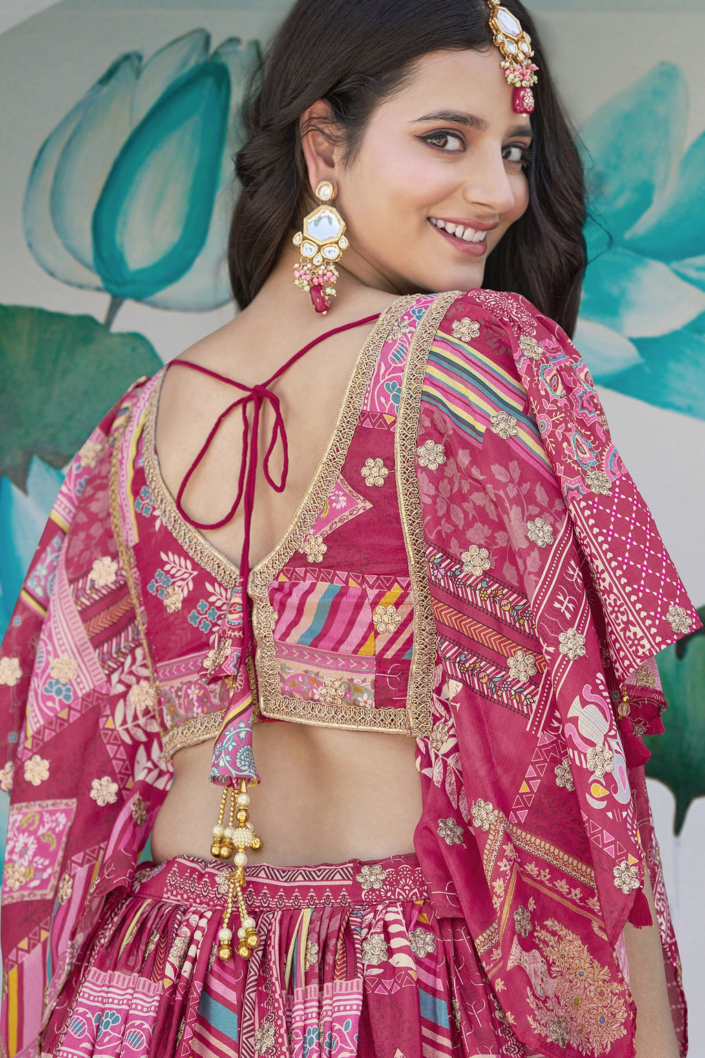 Pink Chinon Silk Lehenga Choli For Indian & Pakistani Wedding Festival - Print Work, Dori Work, Zari Work