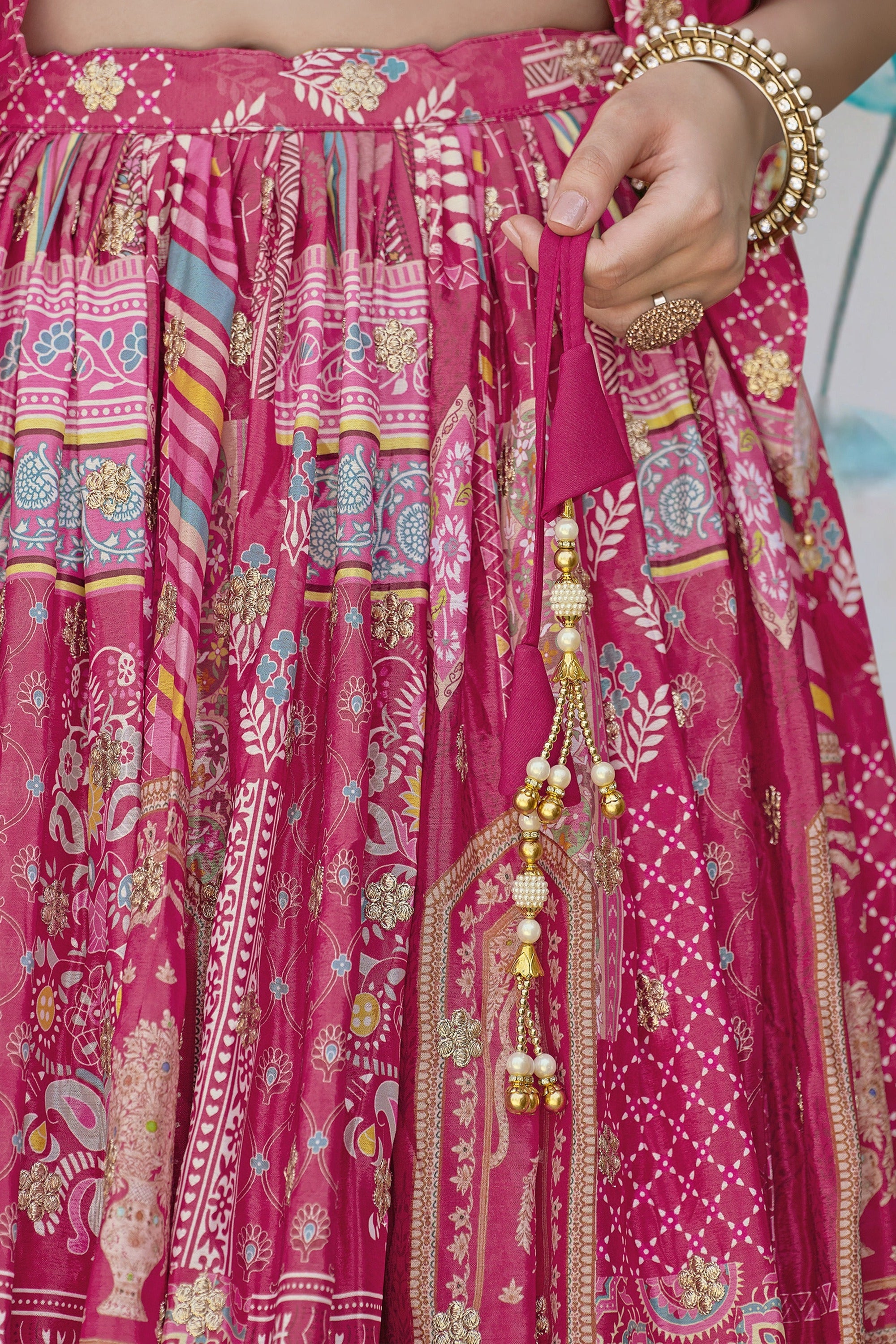 Pink Chinon Silk Lehenga Choli For Indian & Pakistani Wedding Festival - Print Work, Dori Work, Zari Work