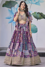 Purple Chinon Silk Lehenga Choli For Indian & Pakistani Wedding Festival - Print Work, Dori Work, Zari Work