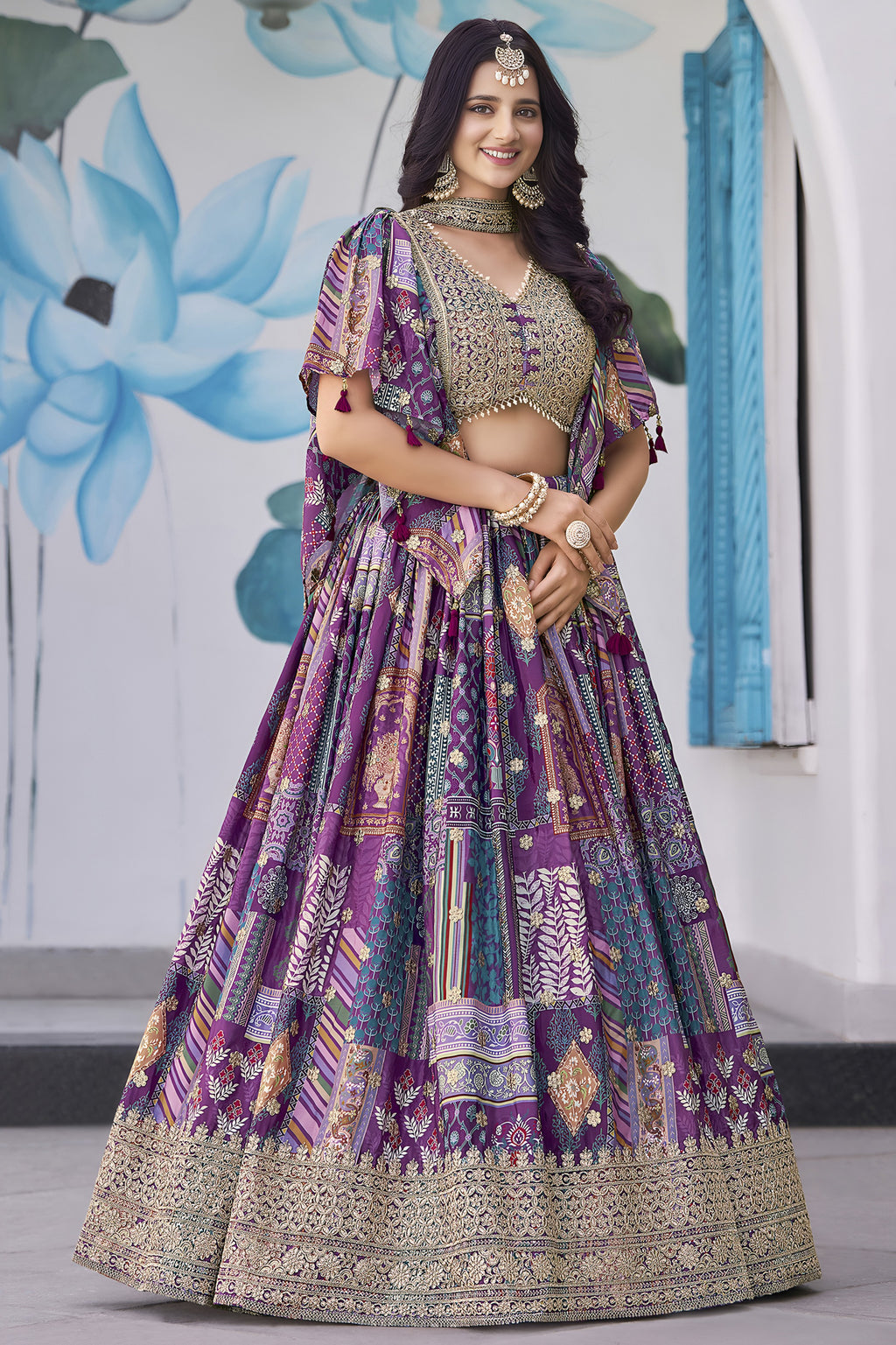 Purple Chinon Silk Lehenga Choli For Indian & Pakistani Wedding Festival - Print Work, Dori Work, Zari Work