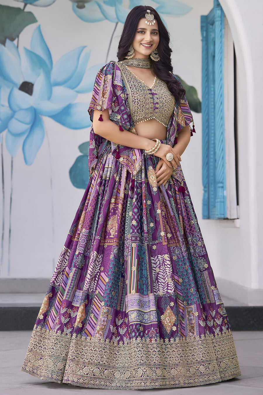 Purple Chinon Silk Lehenga Choli For Indian & Pakistani Wedding Festival - Print Work, Dori Work, Zari Work