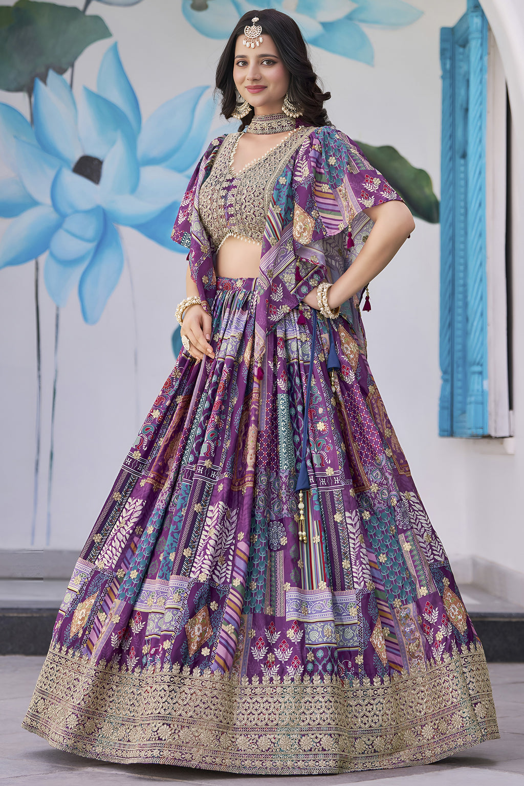 Purple Chinon Silk Lehenga Choli For Indian & Pakistani Wedding Festival - Print Work, Dori Work, Zari Work