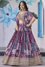 Purple Chinon Silk Lehenga Choli For Indian & Pakistani Wedding Festival - Print Work, Dori Work, Zari Work
