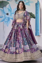 Purple Chinon Silk Lehenga Choli For Indian & Pakistani Wedding Festival - Print Work, Dori Work, Zari Work