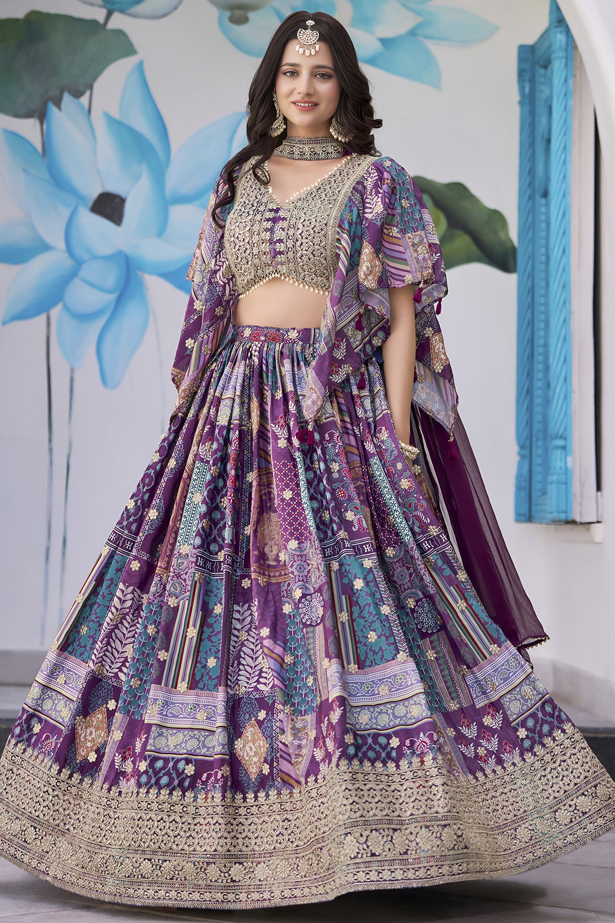 Purple Chinon Silk Lehenga Choli For Indian & Pakistani Wedding Festival - Print Work, Dori Work, Zari Work