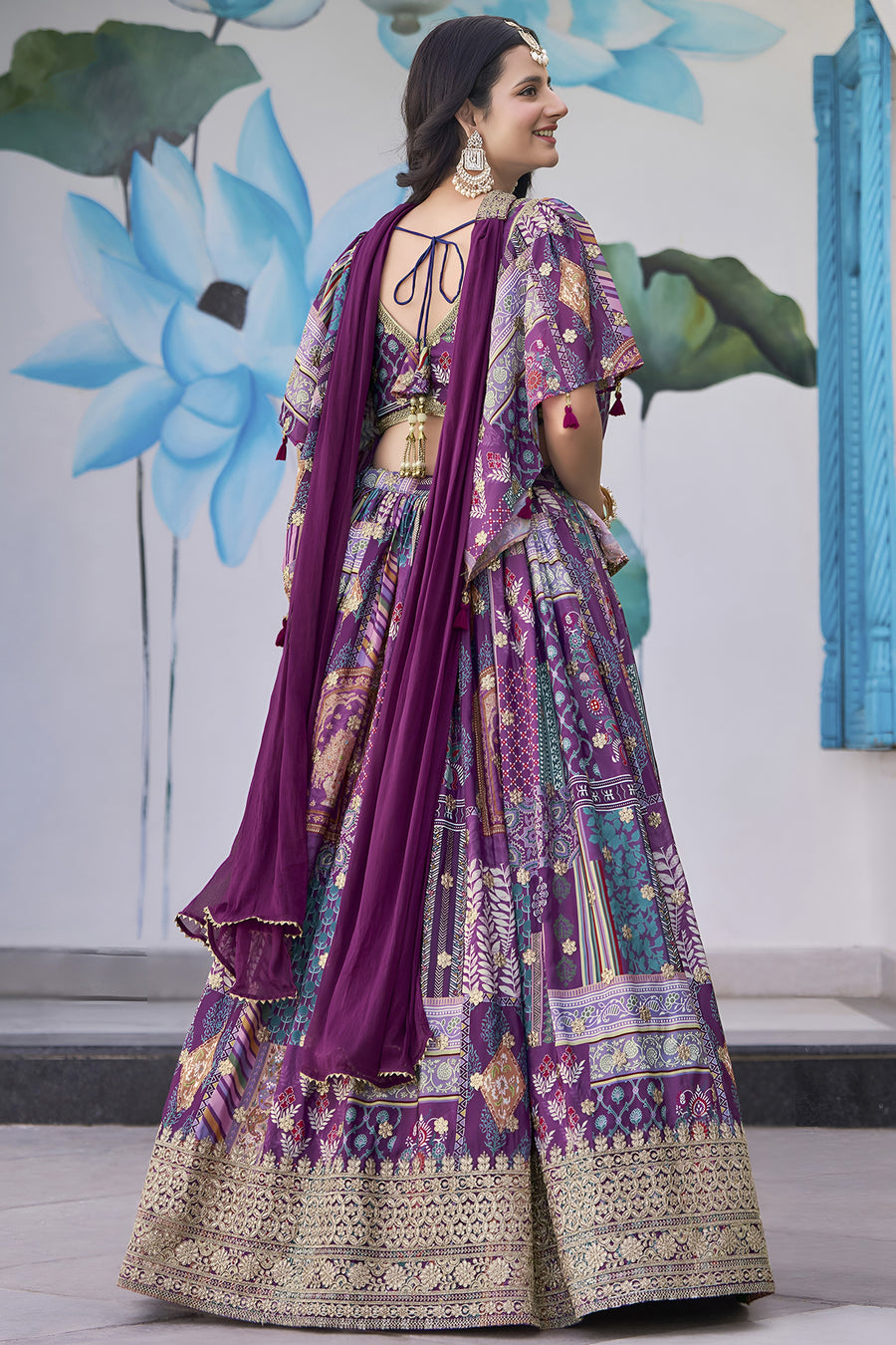 Purple Chinon Silk Lehenga Choli For Indian & Pakistani Wedding Festival - Print Work, Dori Work, Zari Work