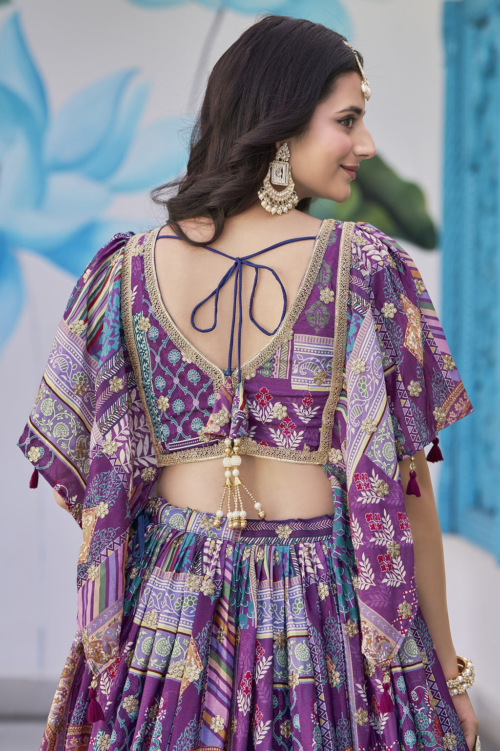 Purple Chinon Silk Lehenga Choli For Indian & Pakistani Wedding Festival - Print Work, Dori Work, Zari Work
