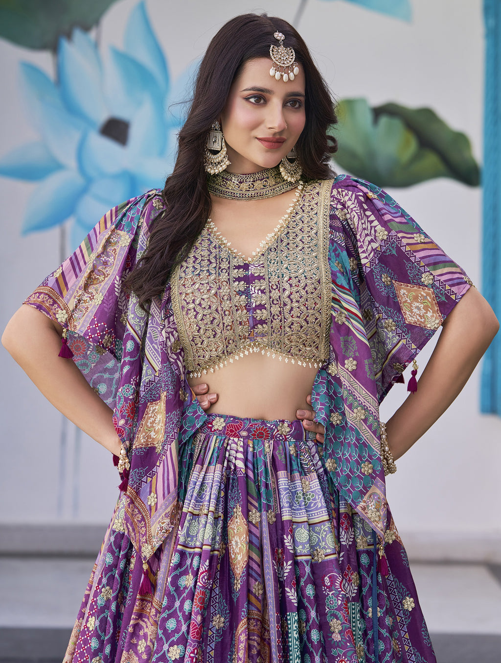 Purple Chinon Silk Lehenga Choli For Indian & Pakistani Wedding Festival - Print Work, Dori Work, Zari Work