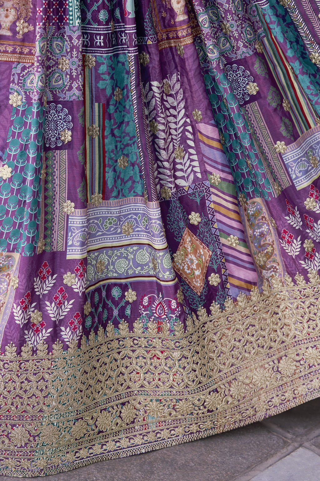 Purple Chinon Silk Lehenga Choli For Indian & Pakistani Wedding Festival - Print Work, Dori Work, Zari Work