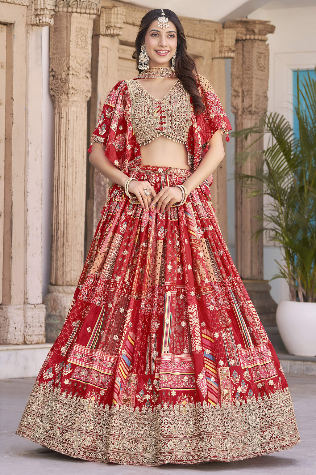 Red Chinon Silk Lehenga Choli For Indian & Pakistani Wedding Festival - Print Work, Dori Work, Zari Work
